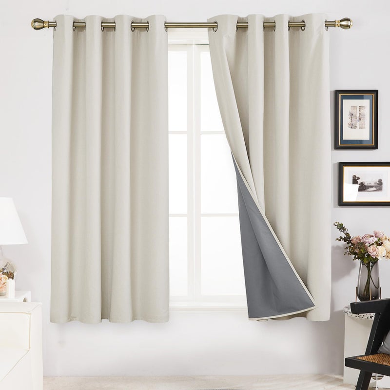 Deconovo Linen-Look 100% Blackout Curtains, Thermal Insulated Grommet Coating Drapes for Bedroom & Living Room, Cream 52W x 45L 2 Panels - Image 1